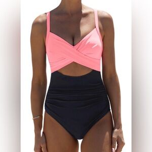 Popvil Swimsuit Tummy Control High Waist Black Pink Peach Neon Colorblock L NWT